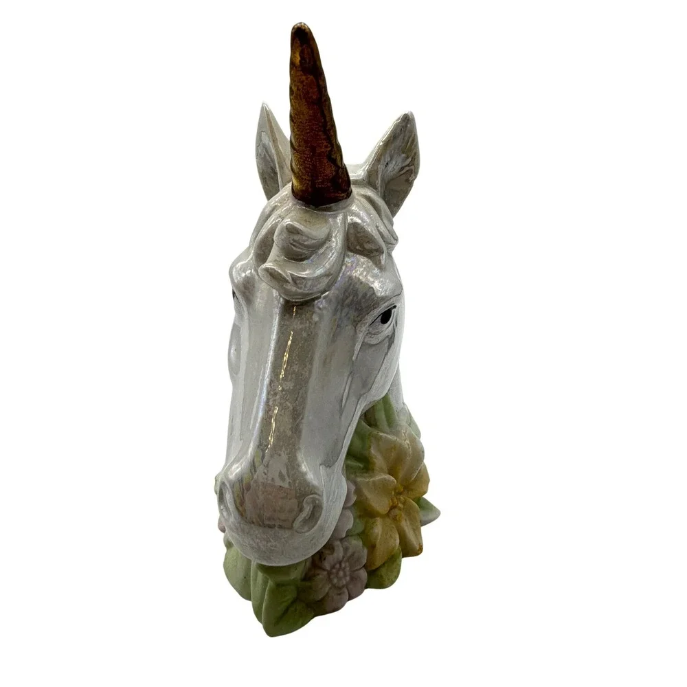 VTG Iridescent Ceramic Unicorn‎ Head Bust Gold Horn Pastel Floral Figurine